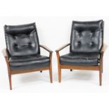 A pair of Danish type rosewood and leatherette armchairs, the two cushioned black faux leather