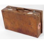 A late 19thC leather travel case, with Ryde Esplanande British Railway stamps, 20cm high, 70cm wide,