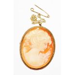 An Edwardian 9ct gold framed cameo brooch, the oval cameo depicting a maiden looking right with