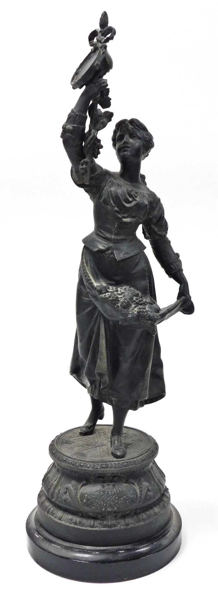 A pair of late 19thC spelter figures, a young lady and gentleman, each with grape vines and flowers, - Image 8 of 12