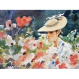 Terence Shelbourne (1930-2020). Lady in the garden, watercolour, signed and dated '06, 22cm x