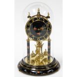 A Kundo glass domed mantel clock, the black coloured face with rose and flower enamel decoration and