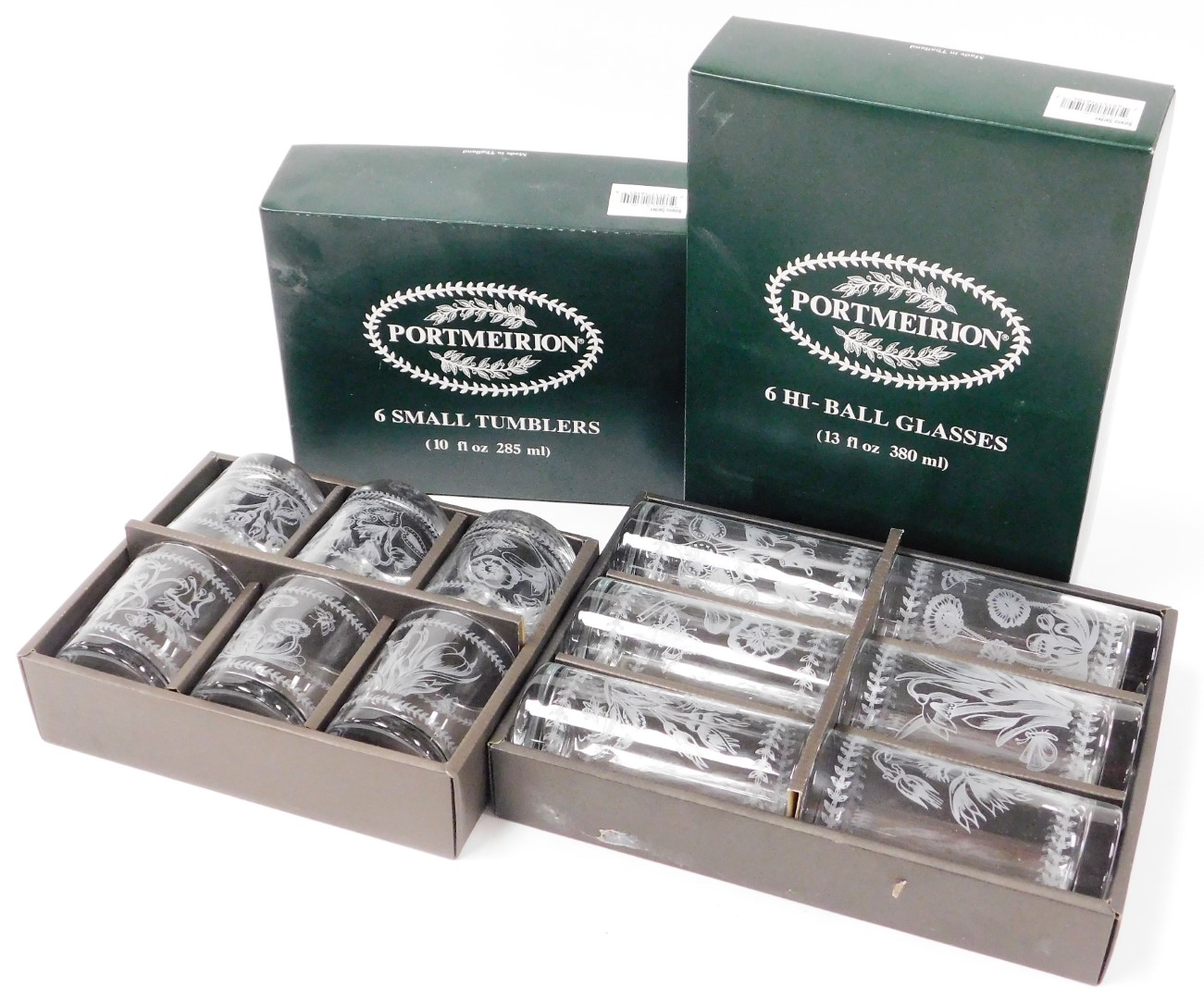 Two sets of Portmeirion glasses, to include six small tumblers and six highball glasses, each boxed.