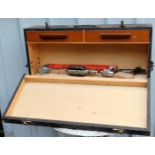 A black painted pine toolbox and contents, to include a Stanley Continental breast drill number