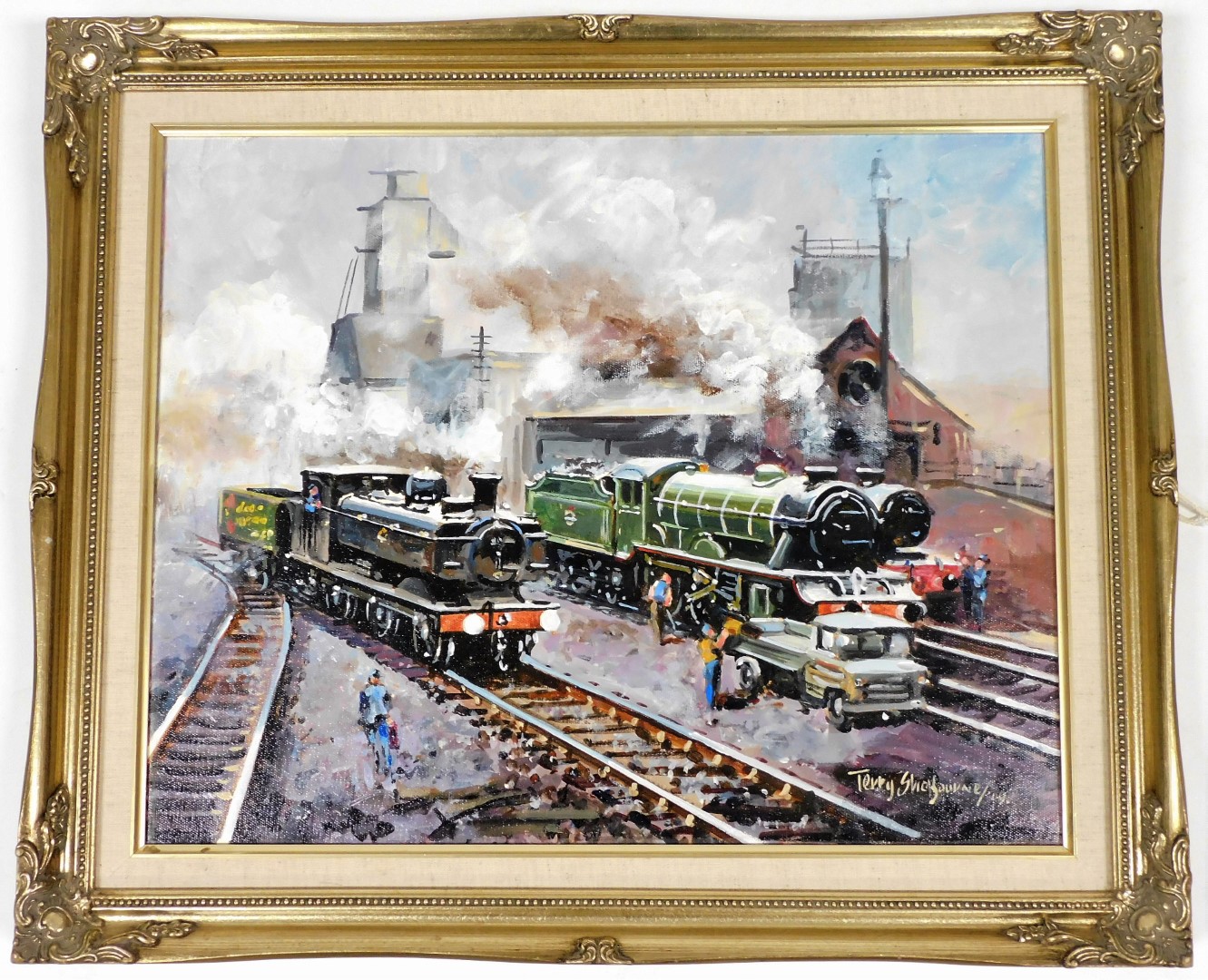 Terence Shelbourne (1930-2020). Railway scene, with three locomotives, oil on canvas, signed and - Image 2 of 3