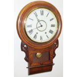 A late 19thC walnut cased drop dial wall clock, with a chime and a later white painted dial, 73cm