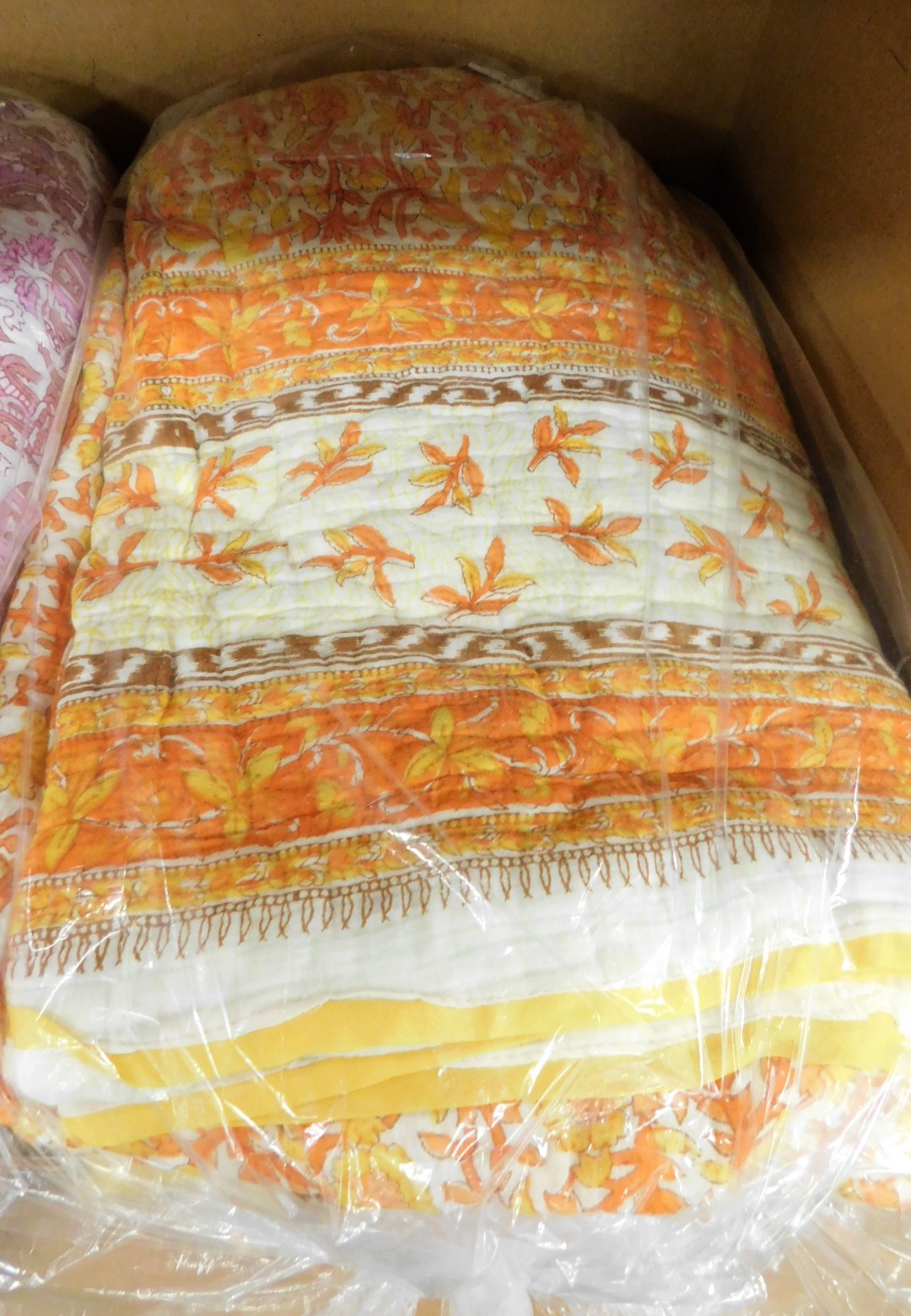 Two Eastern style bed throws, two Jaipur designs, one orange and yellow the other pink. (2) - Image 3 of 3