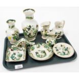 Various Mason's Chartreuse pattern items, to include three milk jugs, two vases, mantel clock, and