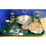 Various silver plated wares, to include an EPNS cruet set, bowl, candle stands, donkey ornament,