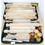 Various wooden rolling pins, a glass rolling pin, salt and pepper shakers, pastry brush, tureen,