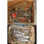 A quantity of spanners, drill bits, wooden measures, saws, etc. (2 boxes)