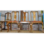 Four various dining chairs, to include a set of three slat back chairs and a mahogany tapestry