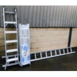 Three step ladders, comprising a tall extending ladder, a wall level extending ladder, and a B & Q
