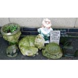 A group of garden ornaments and effects, to include cat ornament, frog, small urn planter, tortoise,
