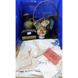 Various ceramics and linen, to include, various needlework Christmas cards, a stoneware jug, a