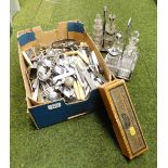 Various silver plated and other cutlery, cruet set with glass jars, and a Graves cutlery service