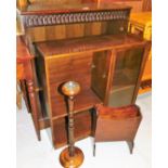 A stained oak three tier bookcase, candle stand, magazine rack and a display cabinet. (4)