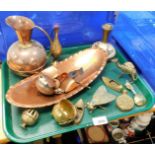 A group of copper and brass wares, to include a camel, Imp spoon, storage box, a brass and enamelled