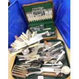 Various silver plated and bone handled cutlery, various kitchen utensils, canteen of cutlery,