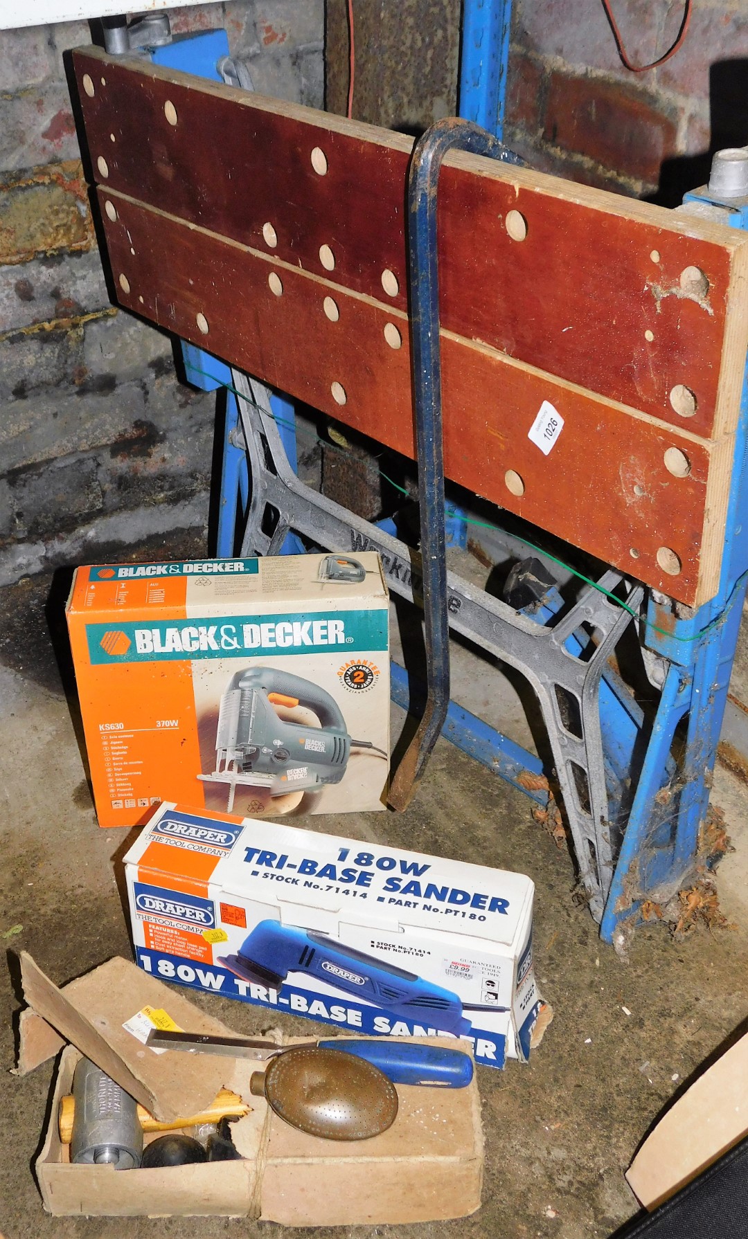 Various tools, to include a rubber hammer, a Draper 180w Tribase sander, a Black & Decker KS630,