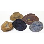 Five gentleman's hats, to include Jewel and Sons, Stetson, Edinburgh Woollen Mill, Christie's of