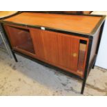 *A side cabinet, with metal frame and teak finish top and sliding doors, the front section open