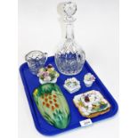 Various ceramics and effects, a glass decanter, glass milk jug, Coalport and Royal Doulton floral