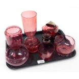 Various cranberry and other glasswares, to include goblets, vases, preserve jars. etc. (1 tray)