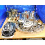 A group of silver plated and metal wares, to include a Viners EPNS tea set, on a silver plated tray,