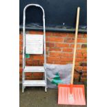 A group of outdoor effects, to include a two step step ladder, various brushes, grills and a snow