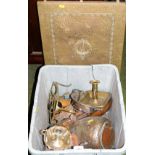Various copper and brass wares, to include a brass fire screen, a brass candle stand, trivet,