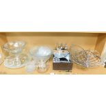 A group of glassware, to include side dishes, cake stands, bowls, teapot infusion set, cruet set,