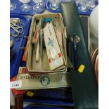 Drawing instruments to include fountain and other pens, wooden rules, etc. (1 tray)