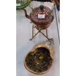 A Victorian copper kettle on a brass stand, and a pottery bowl formed as a shell. (2)