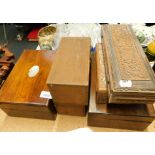 Treen boxes to include a 19thC rosewood hinged box, with mother of pearl vacant cartouche, two