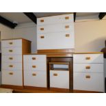 An oak veneered and white melamine bedroom suite, comprising chest of five drawers, 105cm high, 50cm