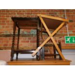 An oak barley twist occasional table, folding table, mirror and rush seated stool. (4)