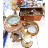 Copper and brass ware, to include oil lamp and shade, jelly moulds, etc. (a quantity)