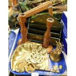 A pair of turned oak candlesticks, horse brasses, brass hand bell, letter rack decorated with birds,