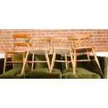 Three beech lath back kitchen chairs, including one carver, together with a Victorian bedroom chair.