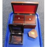 A 19thC mahogany twin division domed tea caddy, rosewood money box and a further wooden box. (3)