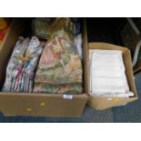 Table linen, tapestry cushion cover, needlepoint pictures, etc. (2 boxes)