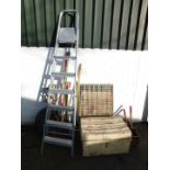 Garden tools, metal trunk, dog cage, step ladder, etc. (a quantity)