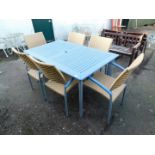 A garden table painted blue with metal base, 75cm high, 153cm wide, 92cm deep., together with six