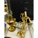 A Lempereur & Bernard Brevete brass oil lamp, with glass chimney, and a brass three branch light