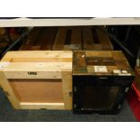 Five wooden crates, some with hinged lids.