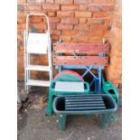 A step ladder, two iron bars, a workmate, watering cans, kneeler and garden bag. (a quantity)