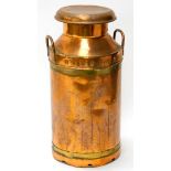 A United Dairies copper two handled milk churn, stamped Trowbridge, etc., 73cm high.