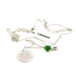 A silver Gems TV pendant and chain, with an emerald stone for the month of May, on fine link