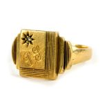 A 9ct gold signet ring, the central rectangular shield inset with tiny CZ stone in illusion setting,